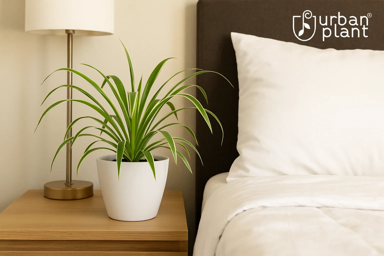 Spider Plant with long arching green and white striped leaves in a ceramic pot on a bedside table in a modern bedroom for stress relief and better sleep – Urban Plant.